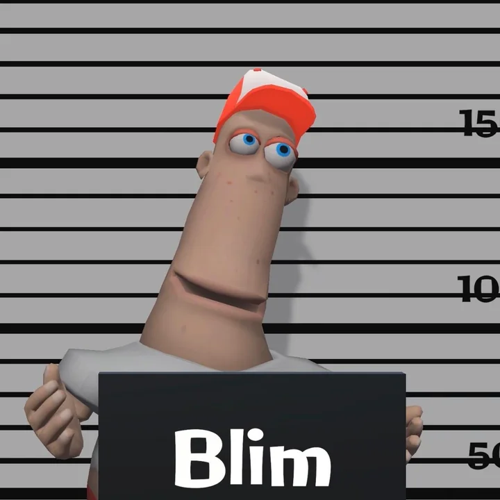 Blim's mugshot: an orange and white cap, freckles and a grey tee, holding a name board.