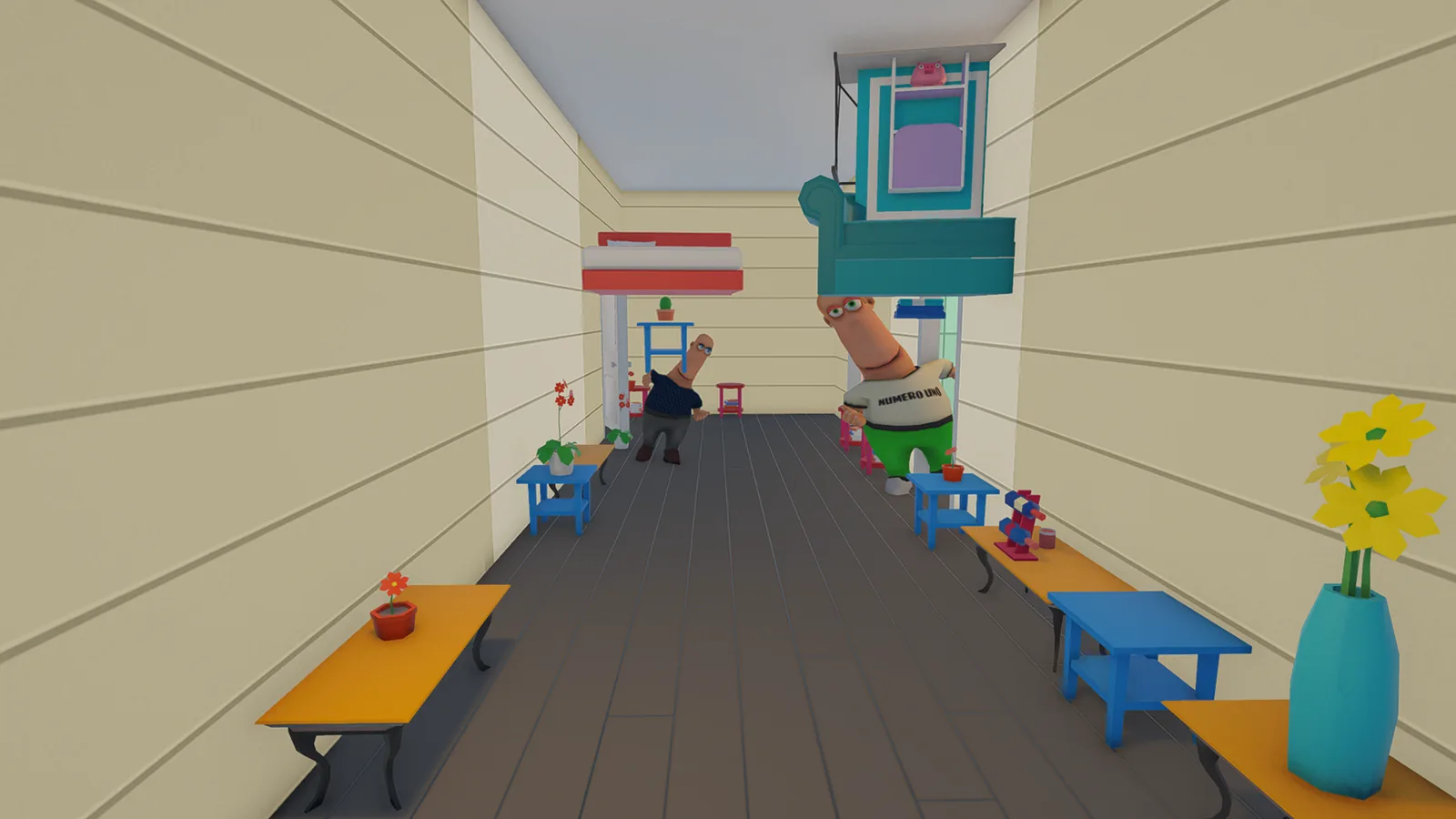A dim corridor inside a neighbour's building, a figure moving at the far end.