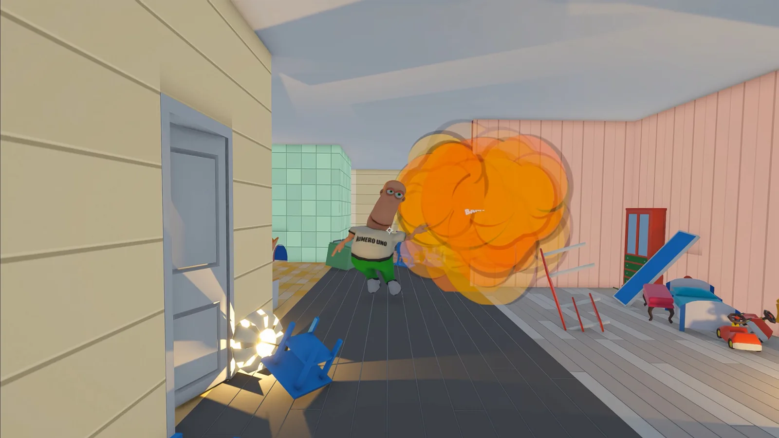 A bright orange blast tearing a hole through a wall as a player watches.