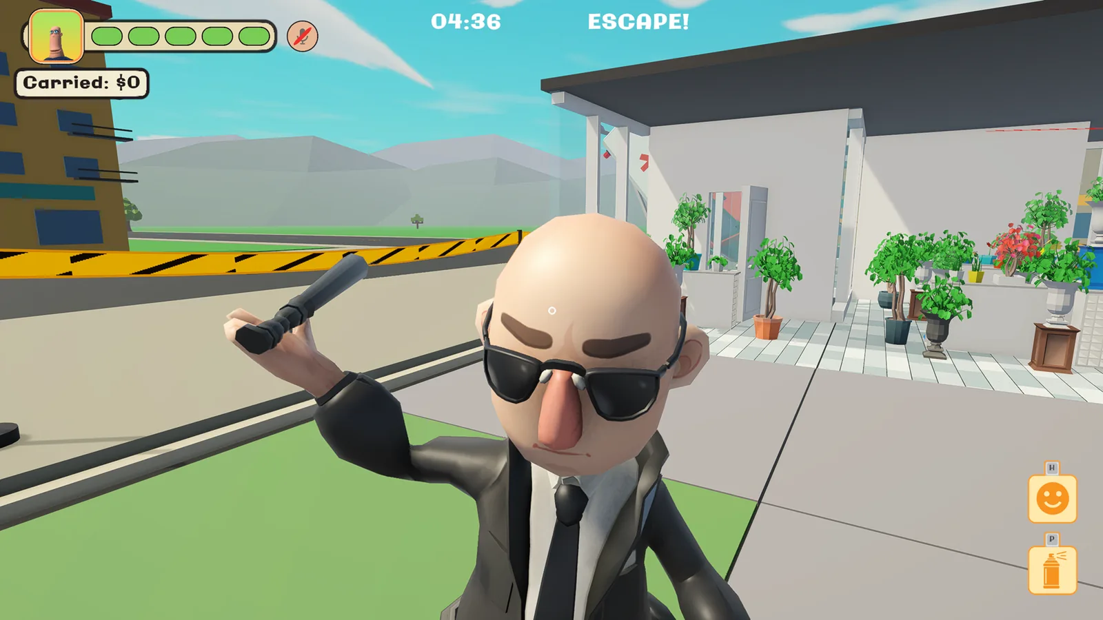 A guard in sunglasses swinging a baton, filling the screen.