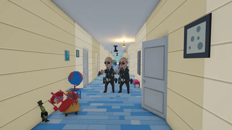 Two guards walking down a tiled corridor.