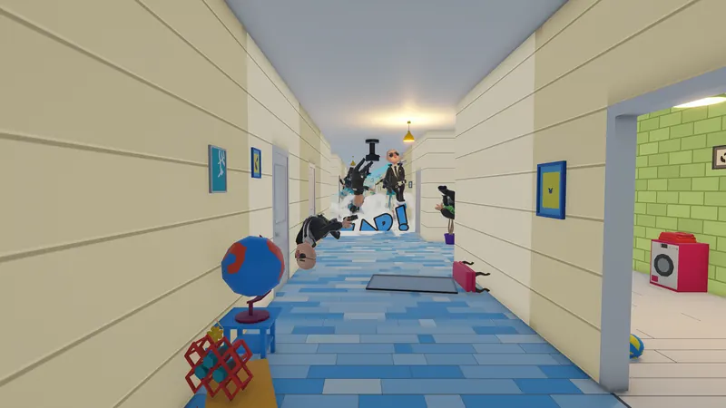 A character sent flying down a corridor past the guards.