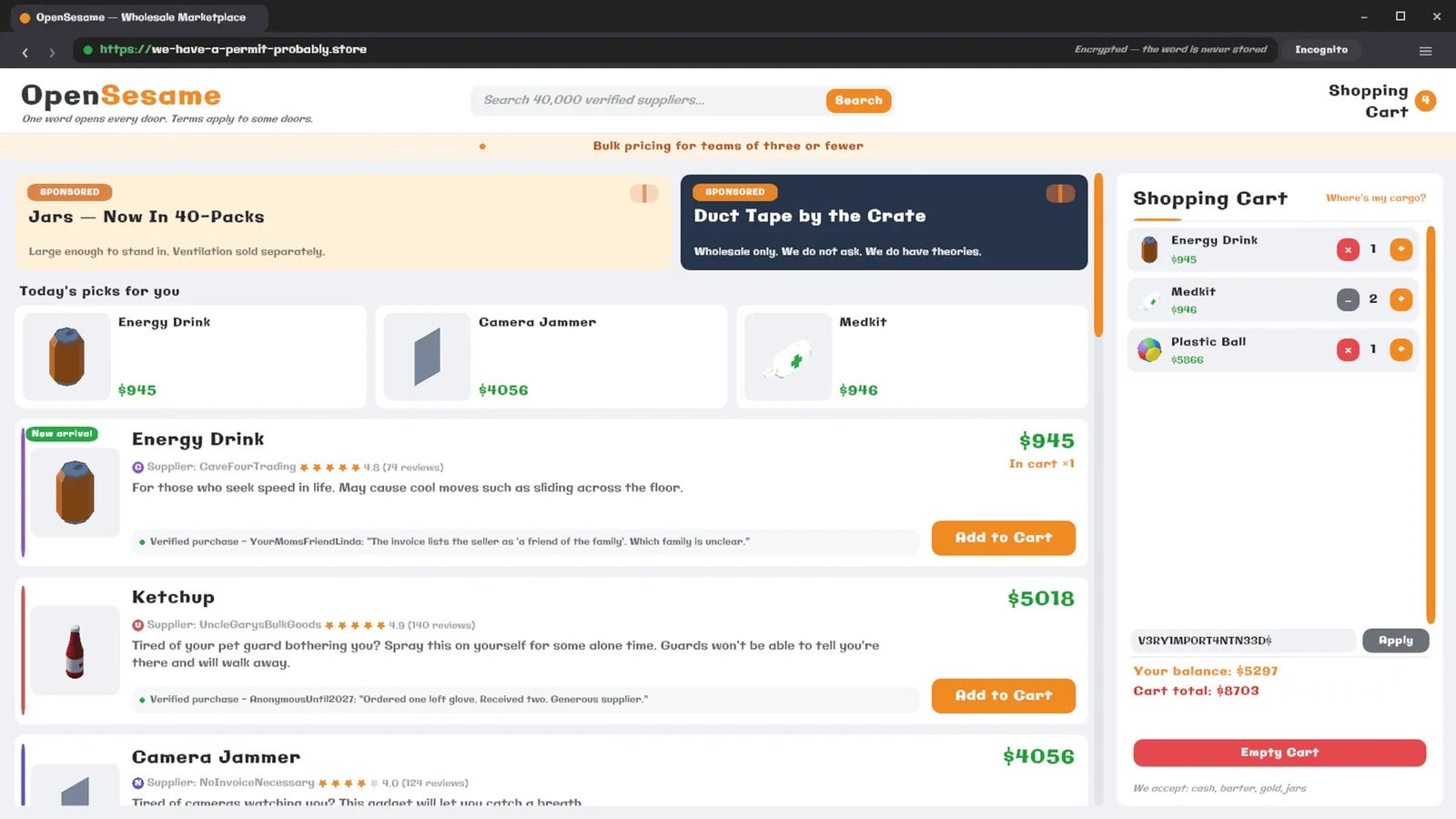 OpenSesame, the in-game wholesale marketplace, listing energy drinks, ketchup and a camera jammer with a shopping cart.